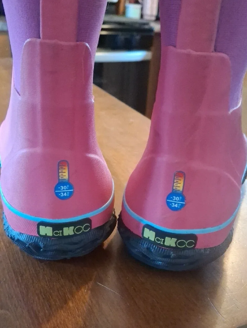 Kids Pink & Purple Waterproof Winter Rain Boots with Blue Trim